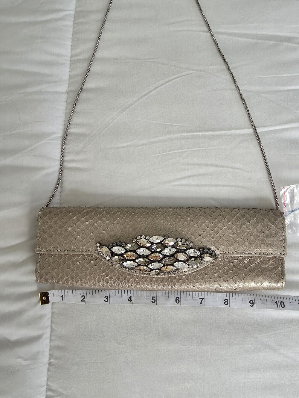 Vintage Carlos Falchi Faux Pewter Snakeskin East West Clutch with Chain
